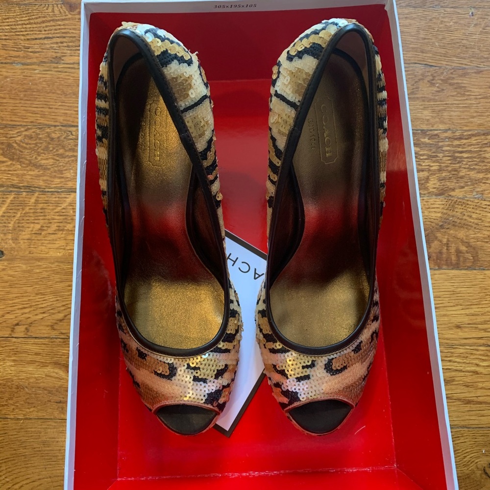 Coach Ashley Leopard Sequin Pumps, size 9.